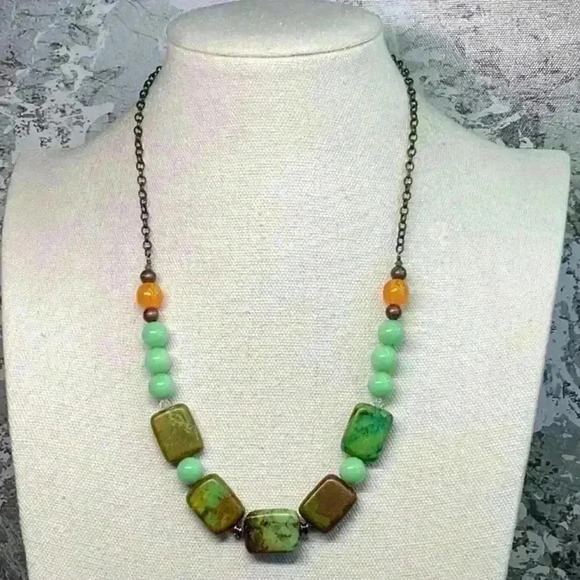 Jewelry - Green Glass Stone Acrylic Beaded Gunmetal Necklace Vintage